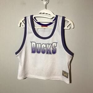 Mitchell and Ness women L white mesh crop Milwaukee Bucks athletic jersey top